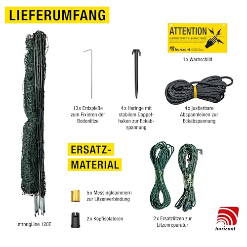 horizont strongLine Hühnerzaun 25m lang, 120cm hoch - 9 Fiberglaspfähle mit Doppelspitze - Geflügelzaun mit Strom, mobiler Zaun, Elektrozaun Hühner, Hühnerauslauf, Geflügelnetz