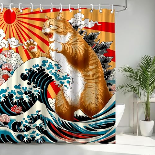 Image of Funny Japanese Cat Small Stall Shower Curtain, Vintage Orange Cat Japan Anime Ocean Wave RV Half Size Narrow Shower Curtain with Hooks, Funky Animal Sun Kids Bathroom Decor 48X72inches