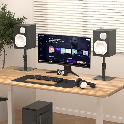 Suptek Free-Standing Speaker Stand Desktop Set, 9.6 x 8.8 inch Trays, Height Adjustment and Tilt, Universal Audio Holders for Computer and Bookshelf Speakers, Elevated Sound, 2 Pack, Black, SDM001T by suptek - Image 2