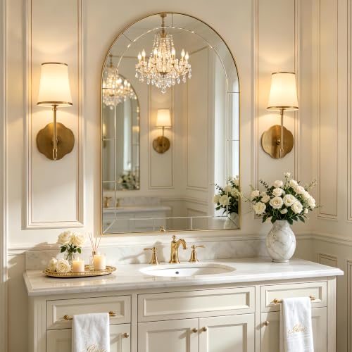 Image of MOON MIRROR Arched Mirror for Bathroom, Bathroom Mirrors for Over Sink, 30x40 inch Brushed Gold Non-Rusting Vanity Mirror in Brass Stainless Steel Metal Frame