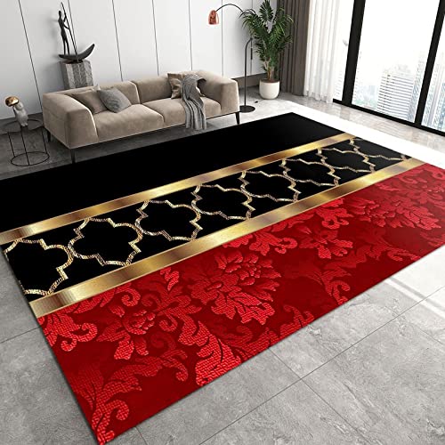 LVTFCO Schwarz-Gold-Rot-Geometrie-Kunst Teppiche Gegend, Rotes Vintage-Blumenmuster Kurzflor...