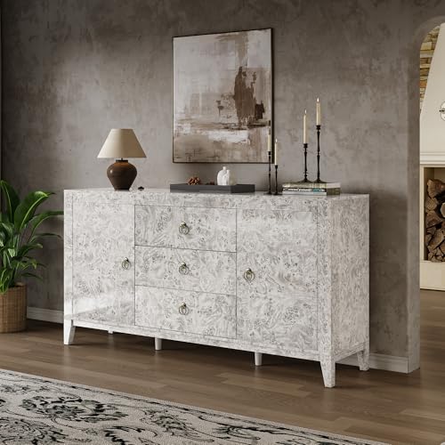 Image of LUXOAK 60 inch Glossy Burl Wood Sideboard Buffet with Storage