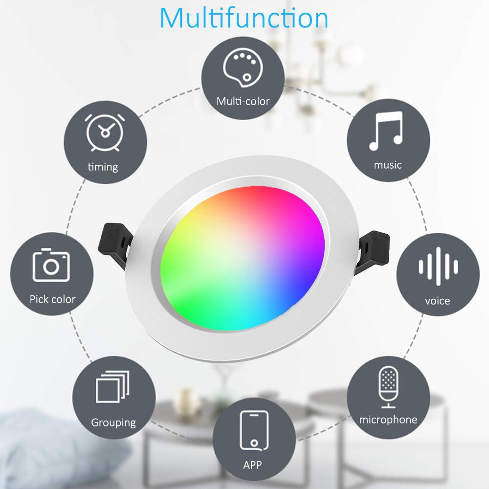 9W 700LM Wifi Spot Led Encastrable RGBWC(RGB+Blanc froid+Blanc chaud) Plafonnier Lampe, Bluetooth Mesh éclairage plafond encastré pour exposition, salon, cuisine, ktv, bars (10 Pieces)