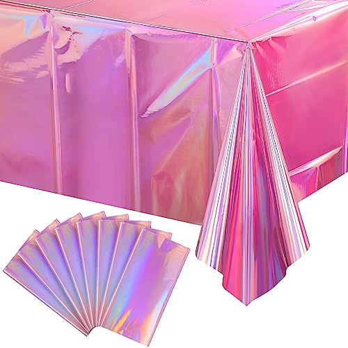 Image of 8 Pack Iridescent Pink Plastic Tablecloths, FunnyPars Shiny Disposable Laser Rectangle Table Covers, Holographic Foil Tablecloth Iridescent Party Decorations for Kpop Birthday Wedding Xmas, 54x108Inch