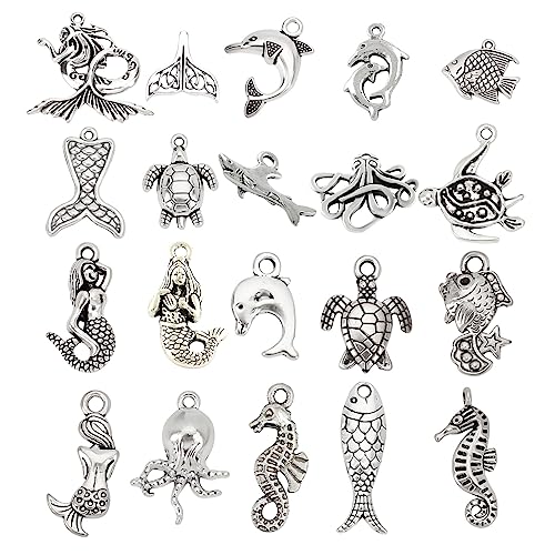 SUNNYCLUE 1 Box 80Pcs 20 Styles Sea Animals Charms Ocean Fish Alloy Pendants Beads Mermaid Dolphin Turtle Shark Hawaiian Beach Tibetan Style for DIY Jewelry Making Crafts Supplies Antique Silver