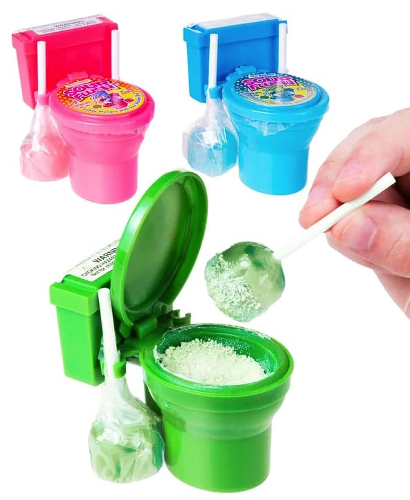 Sour Flush Powder Candy, Toilet-Shaped Containers with Lollipop Dippers, 3 Fruity Flavors (Green Apple, Watermelon, Blue Raspberry), 3-Pack, 1.38 oz Each