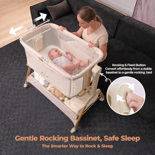 Image of Ezebaby Baby Bassinet Bedside Sleeper: 3-in-1 Rocking Bassinet for Baby - Breathable Full-Mesh Crib with Mattress | 6 Height Adjustable | Portable Crib with Lockable Wheels for Newborns