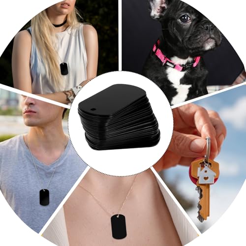 COMNICO 25 Stück Aluminiumgravur Rohlinge, Stanzrohlinge Aluminium Blank Dog Tags Schildform Mit Loch Metallprägungen Schwarz Metall-Tags zum Gravieren Blanko-Hundemarken Blanko-Schilder zum Gravieren