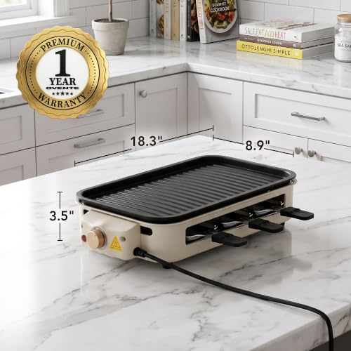 Image of OVENTE 2-in-1 Electric Indoor Grill Non-Stick Cooking Plate, Beige BQR1502B | 1500W Smokeless Korean BBQ Griddle with, 3 Raclette Cheese Pans, Adjustable Temperature Control, Dishwasher Safe