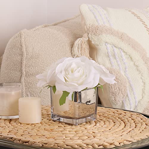 Nisoger Artificial Flowers In Vase, White Silk Rose Faux Flowers In Vase, Fake Flowers With Vase Bouquets Arrangements Home Decoration For Dinning Table Centerpieces Bedroom Bathroom Kitchen, White #TOP5