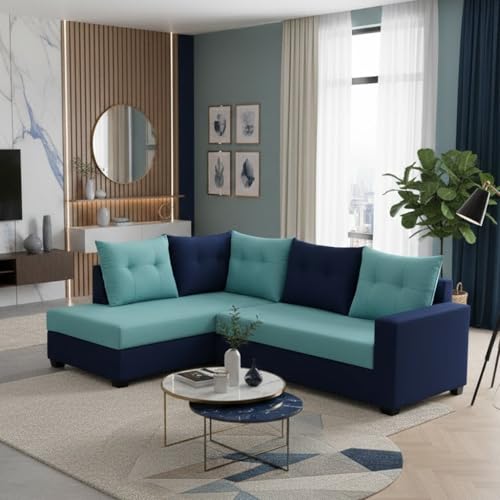 Image of SOCOZI Oriana 4 Seater LHS L Shape Sofa Set | Soft Velvet Suede Fabric | Modern Design | Plush Comfort Cushions for Living Room (Sky Blue-Dark Blue)