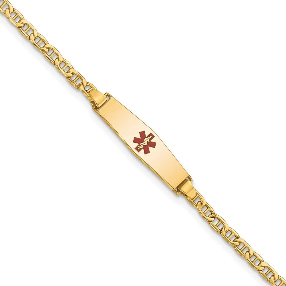 Jewels By Lux Engravable Personalized Custom 14K Yellow Gold Medical Solid Soft Diamond Shape Red Enamel Anchor ID Bracelet For Men or Women Length 7 inches Width 6 mm With Lobster Claw Clasp