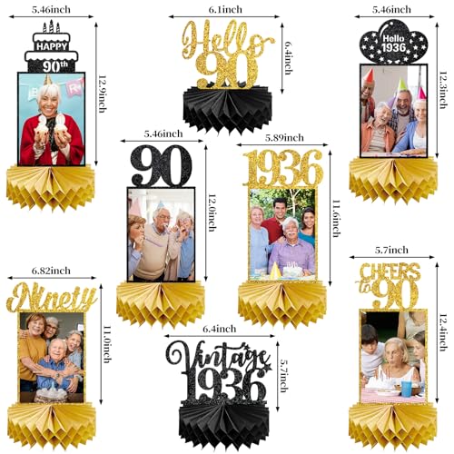 Image of Eucutur 8Pcs 90th Birthday Decorations Honeycomb Centerpieces for Women Men, Black Gold Vintage 1936 90th Bday Photo Table Centerpieces Party Supplies, Glitter Cheers to 90 Year Old Bday Table Topper