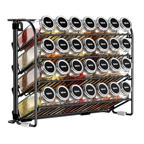 CHARMDI Spice rack4 Tier Spice Rack Free Standing Spice Rack Organiser without Jars Metal Seasoning Rack for Kitchen Countertop Cupboard Pantry (Black)