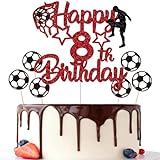 Gidobo 8th Birthday Cake Toppers, Red Glittery Cake Decorations with Football Theme, Eight Years Old Soccer Birthday Party Supplies for Boys - Image 1