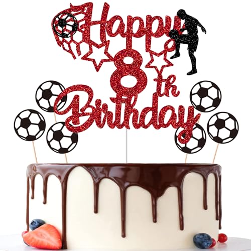 Gidobo 8th Birthday Cake Toppers, Red Glittery Cake Decorations with Football Theme, Eight Years Old Soccer Birthday Party Supplies for Boys