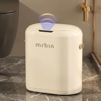 MRBIN Automatic Adsorption Metal Trash Can for Bathroom, Touchless Garbage Bin with Lid, 3.4 Gallon Slim Trash Can for Office and Bedroom, Electric Motion Sensor Waste Basket, Cream White