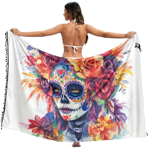 Bikini Cover Ups Dia De Los Muertos Mexicana con falda ajustable de secado rápido