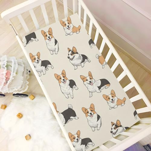 Image of Cute Corgis Dogs Crib Sheets Soft Breathable Fitted Baby Crib Sheets Mattress Cover for Girls Boys, 52 inch x 28 inch x 9 inch
