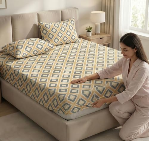 Image of VAS COLLECTIONS Double Bed 160 TC Cloud Cotton Fitted Bedsheet (78x72+10 Inches) | Elastic Deep Pocket Cotton Bed Sheet | Soft, Breathable Bedding for Home & Hotel (Golden Ash)