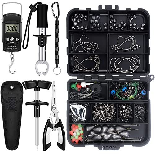 Hungdao 252 PC Christmas Fishing Gifts for Men Fishing Tool Kit Terminal Tackle Kit Fish Hook Remover Lip Gripper Digital Scale Pliers Lanyard Sheath Gear with Tackle Box