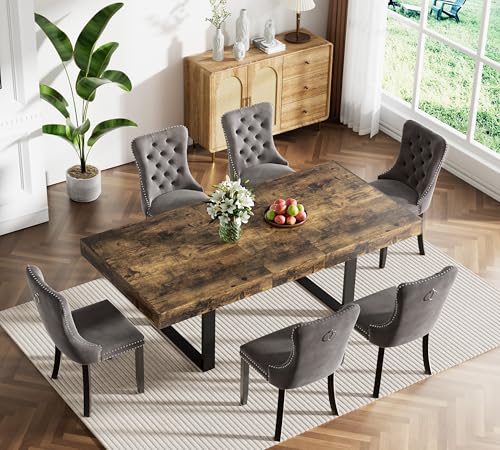 Image of 63 inch-78.74 inch Rustic Brown Extendable Dining Room Table Set for 6, 7-Piece Dining Table Set with 6 Upholstered Chairs, Rectangle Wooden Expanding Kitchen Table and Grey Chairs Set