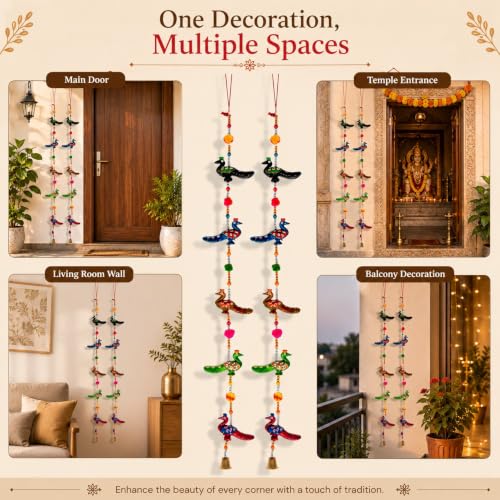 Image of Bindian Toran for Main Door, Decorative Door Thoranam Hanging, Diwali Decoration for Home Entrance, Wall Decor Hanging Ornament, Traditional Festive Welcome Decor for House, Pooja (Peacock Pack of 2)