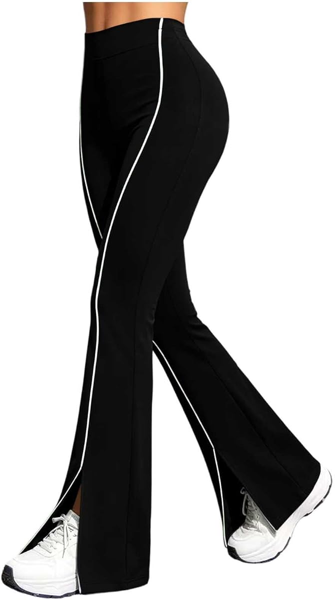 Women's Flare Leggings High Waist Yoga Gym Split Hem | Pull On Bell Bottom Yoga Pants With Sporty Side Trim For Workout Walking Dance Travel Gym Training And Daily Active Wear