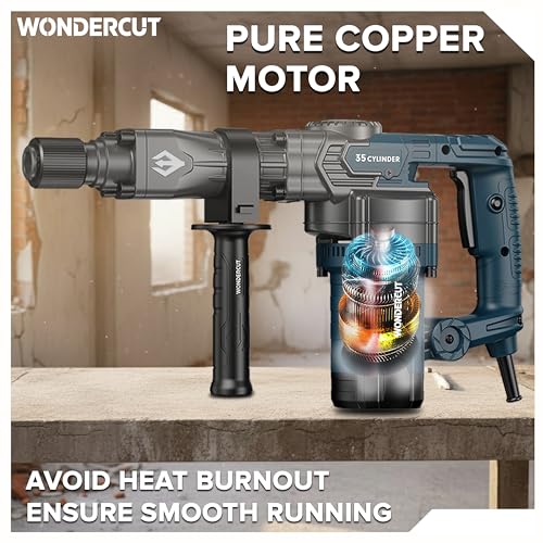Image of WONDERCUT WC-DHP-008-B Heavy Duty Demolition Hammer with 35mm Cylinder, 100% Copper | 1800W, 3850 BPM, 23J Impact | Includes 2 Pcs 17mm Hex Chisel & Spanner, BMC Box | Professional Use | Blue & Black