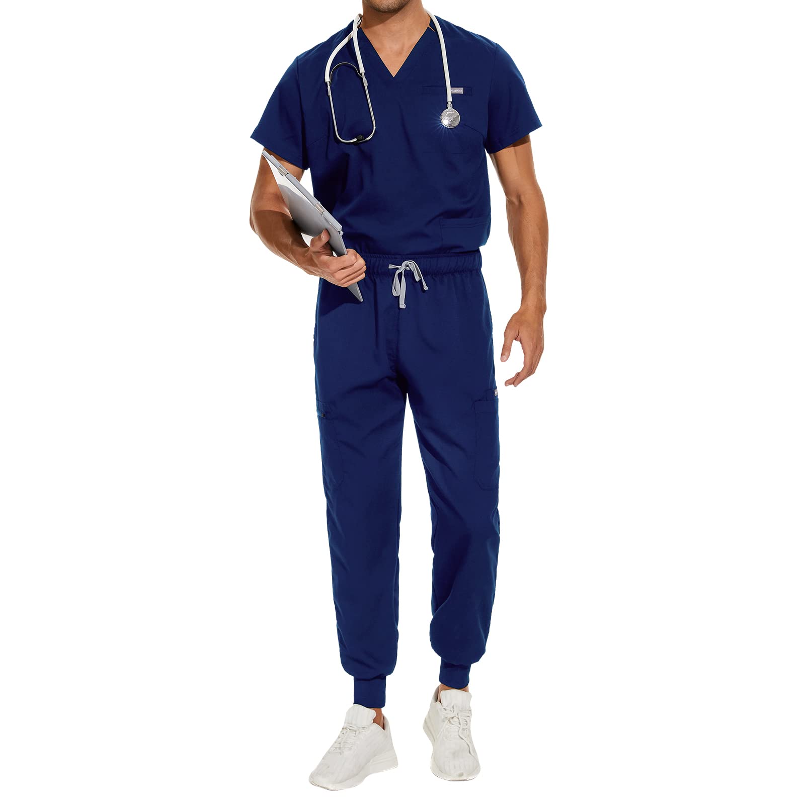 niaahinn Scrub for Scrubs Top with classic V-neck & Yoga Jogger Pants medical Nursing Uniform scrub set (Navy Blue,L,Large)