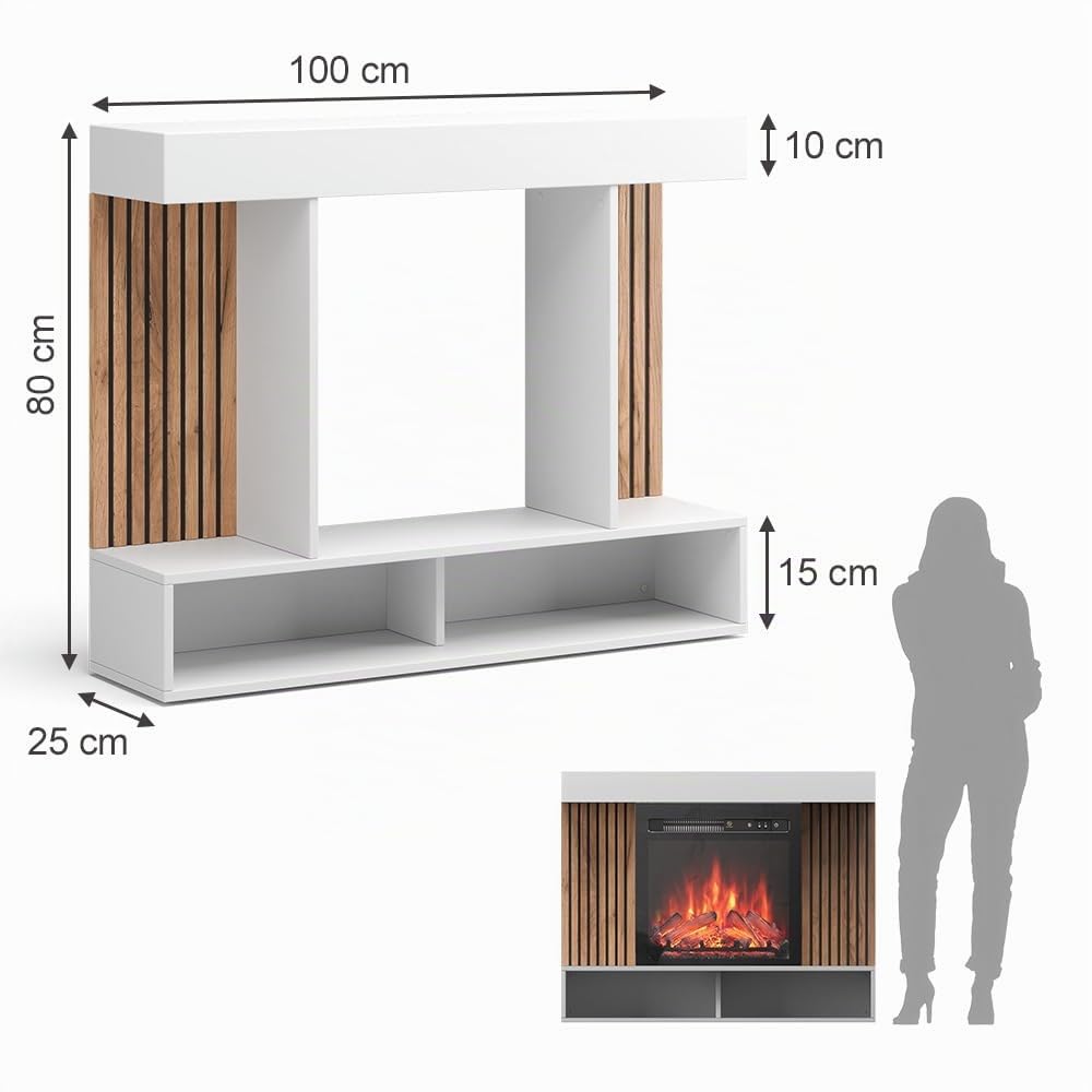 Vicco Caminetto elettrico "Lynea", Bianco, 100 cm | con effetto fiamma realistico e riscaldatore da 1800W, utilizzabile a parete o autoportante