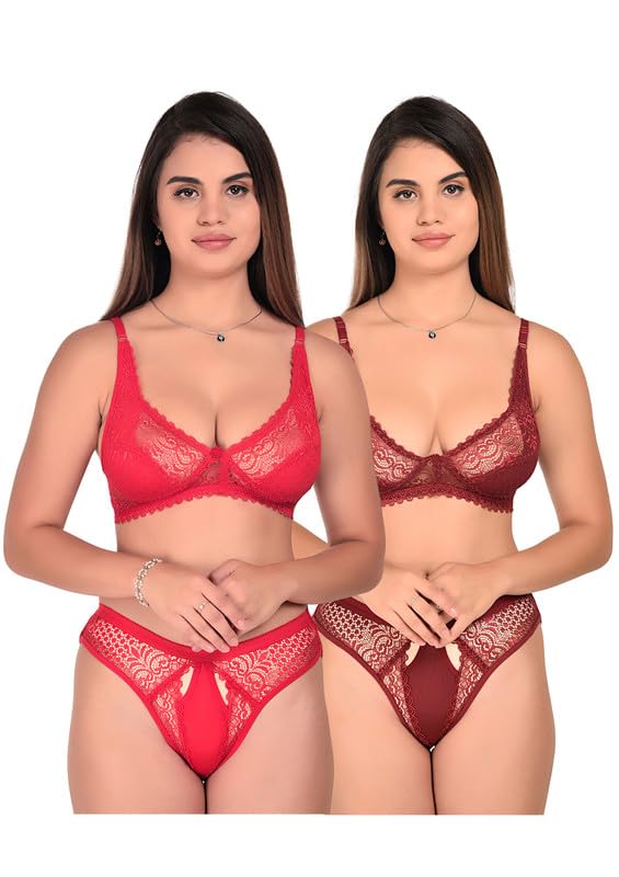 anamta Fashionable Women Lingerie Set | Designer Bridal Innerwear Nightwear Bra Panty Set for Honeymoon Girls Ladies | Luxury Bra Panty | Red Maroon Combo Pack of 2-picture-14