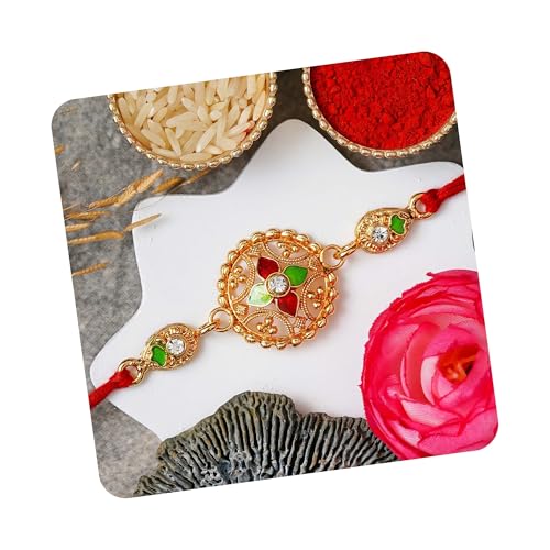 Image of eCraftIndia Red Blue Round Designer Rakhi for Brother Bhaiya Bhai | Roli Chawal Pack | Rakhi Combo
