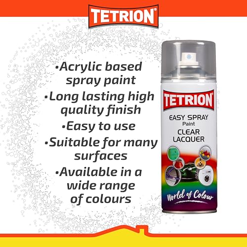 Image of Tetrion Easy Spray Paint - Clear Lacquer 400ml (Pack of 6) - Acrylic Clear Coat Spray for Wood, Metal, Plastic, Ceramic & More - Easy to Use, Durable Finish,Indoor & Outdoor Use, 13.5 Oz