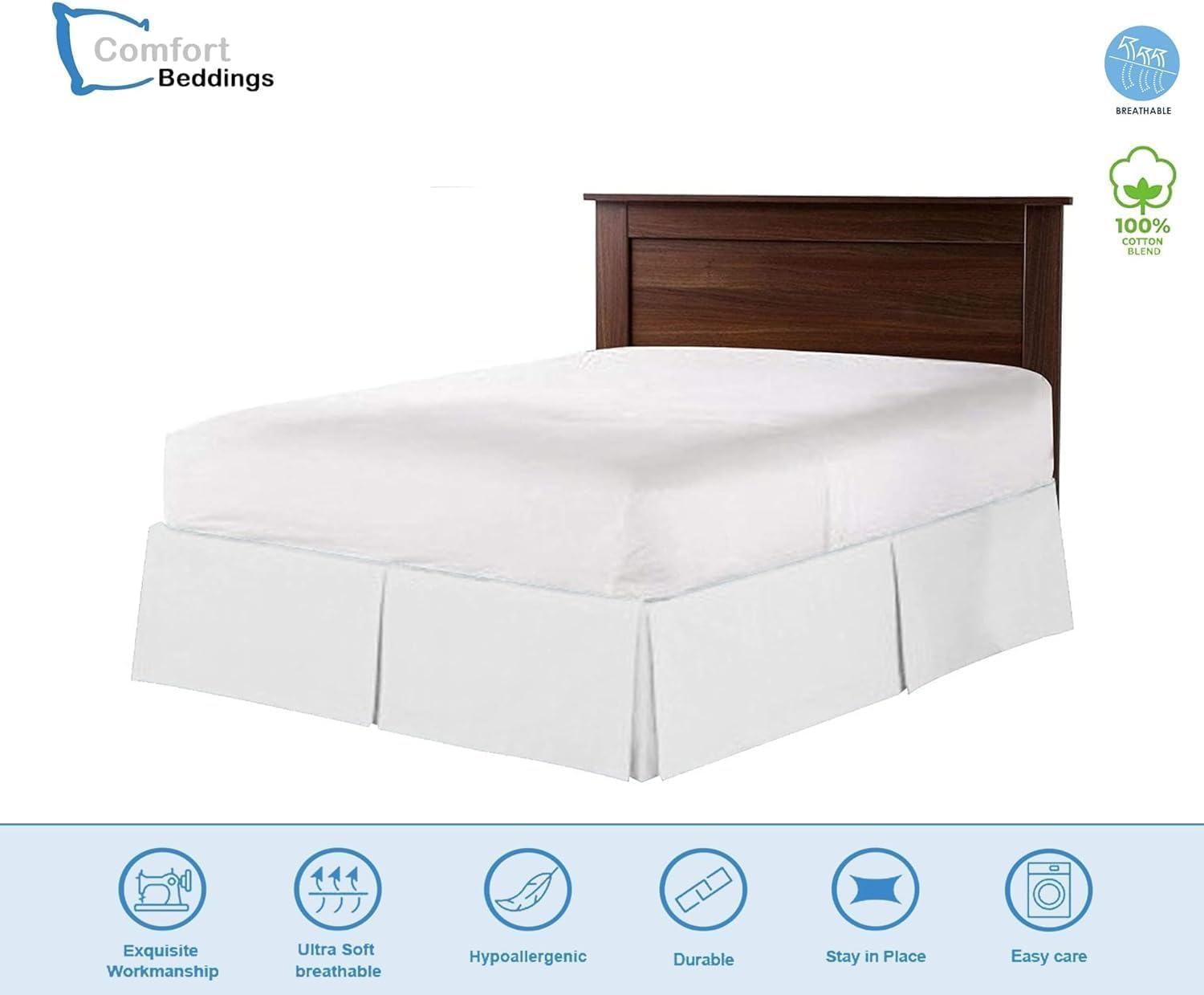 Magic Bed Skirt King 16 Inch Drop Bed Skirt 100% Cotton Blend No Mattress Lifter Wrap Around Skirt with Pleated Split Corners - White