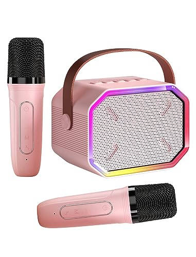 Karaoke Machine for Kids and Adults, Mini Portable Bluetooth Speaker with 2 Wireless Microphones, Kids Gift for Girls Boys Family Party Birthday (Pinkcolor)