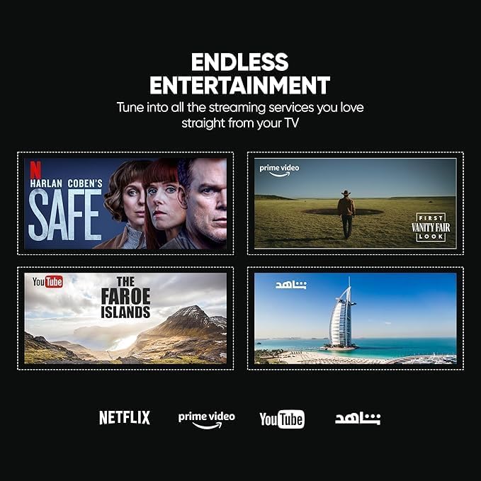 Screenshots of various streaming services like Netflix, Prime Video, YouTube, and Shahid displayed on the Nikai Smart TV.