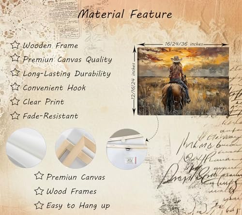 Image of OCRXLYTH Western Cowgirl Riding Horse Canvas Wall Art Cowgirl Wall Decor Pictures Sunset Countryside Landscape Painting Print Vintage Artwork for Living room bedroom country decoration 16x24