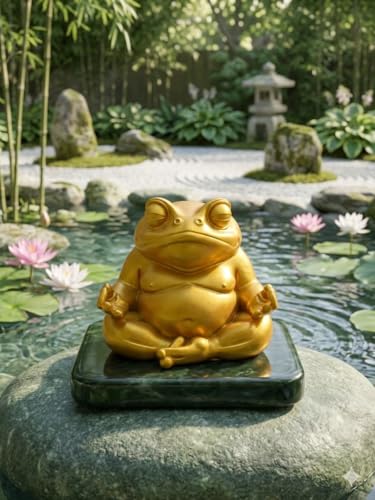 Image of Zen Meditating Frog Figurine - Golden Yoga Frog Statue for Home, Garden & Table Decor - Lucky Prosperity Frog Idol for Indoor Outdoor Decoration