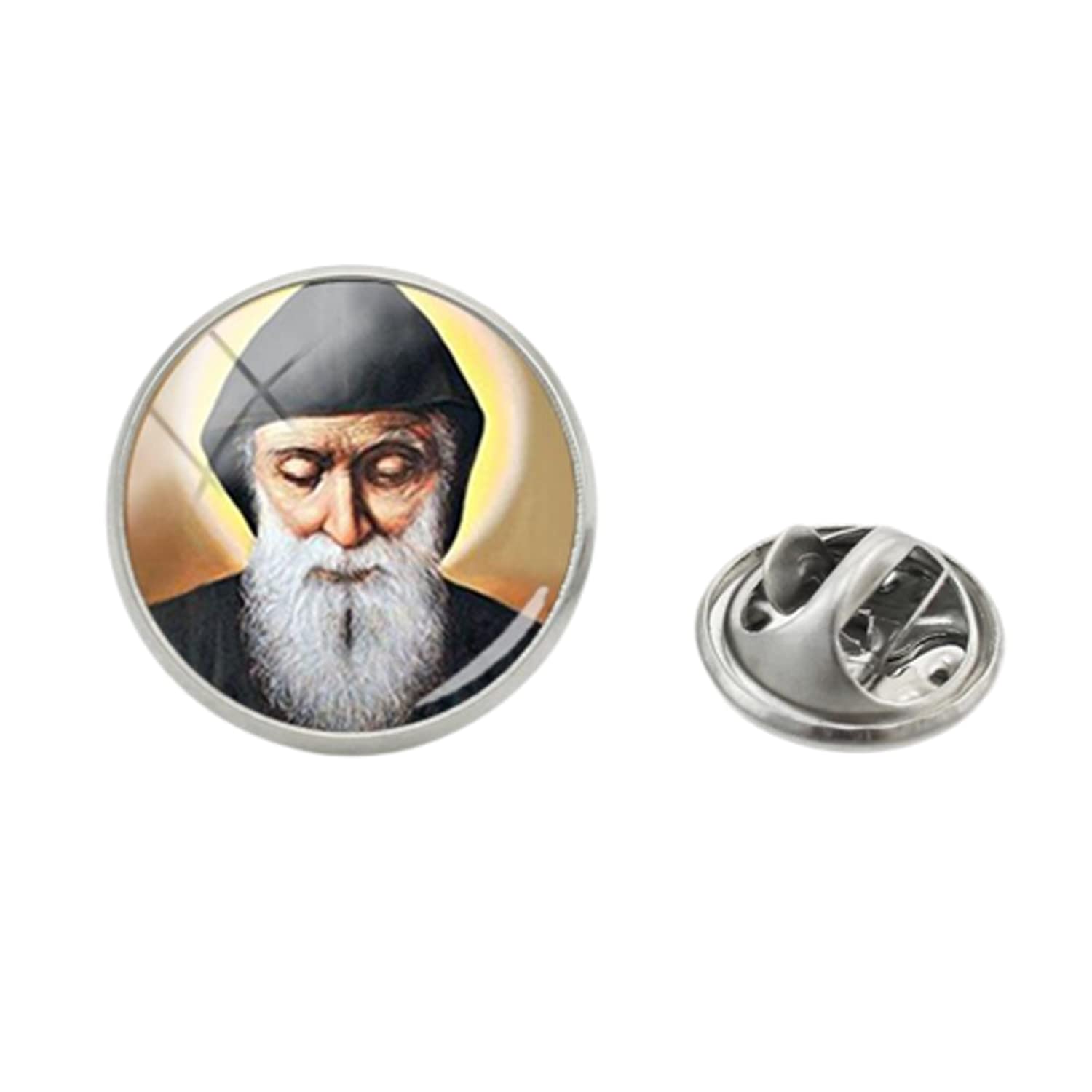 New Saint Charbel Clasp Pin Stainless Steel St Charbel Drawing Art Lapel Pin Glass Dome Handmade Jewelry