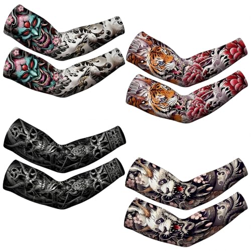 Newcotte 4 Pairs UV Sun Protection Arm Sleeves Cooling Sports Sleeve Anti Slip Ice Silk Warmers Arm Covers for Men Women (Tattoo Medium)