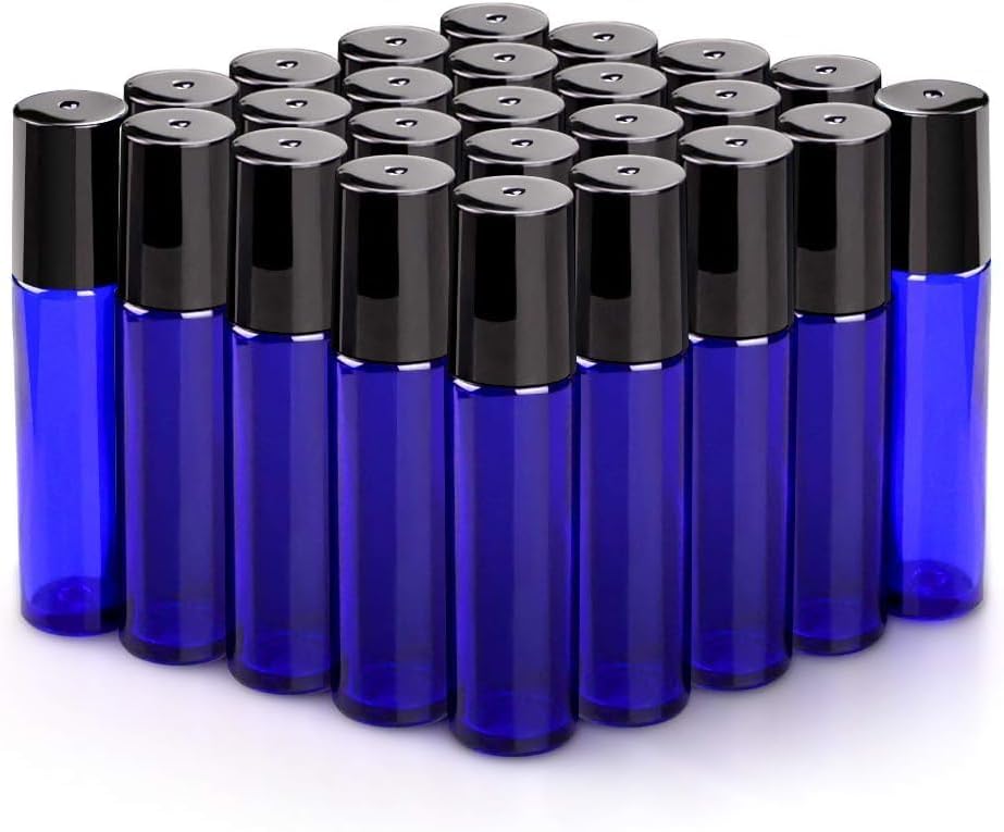 sungwoo 25 Pack Essential Oil Roller Bottles, 10ml Blue Glass Roller Bottles with Stainless Steel Roller Balls and Caps for Travel, Perfume and Lip Gloss