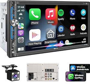 PLZ 7" Wireless Double Din Car Stereo Apple Carplay Radio Screen for Car Audio Receivers, Bluetooth 5.3 Car Play Android Auto Touchscreen, 240W 4.2 CHN 2 Subwoofers Outputs, Backup Camera, SWC, FM/AM