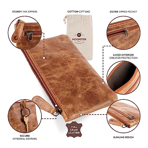 Moonster Leather Pencil Case Pouch, Handcrafted Leather Pen Case With Zipper That’s Made To Last - Elegant & Practical Brown Leather Pencil Cases For Adults - Unique 8" X 4" Design With Side Pocket #TOP2