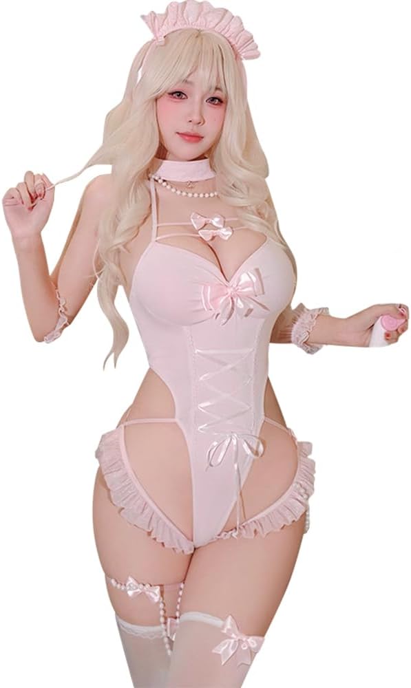 sexy maid outfit for women lingerie costume Dress ruffle Bodysuit Underwear Anime Cosplay French Lace Cutout Bra Mini Bikini Frilly Bow tie Halloween Party Roleplay Set Pink