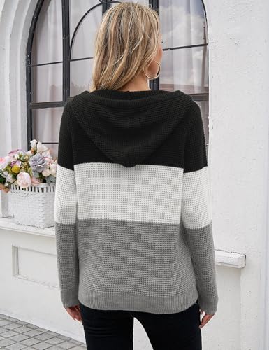 Image of VIMPUNEC Womens Fall Hoodie Sweater Long Sleeve Hooded Top with Pocket | V Neck, Button, Adjustable Drawstring, Waffle Knit, Loose Fit, Ribbed, Kangaroo Pocket