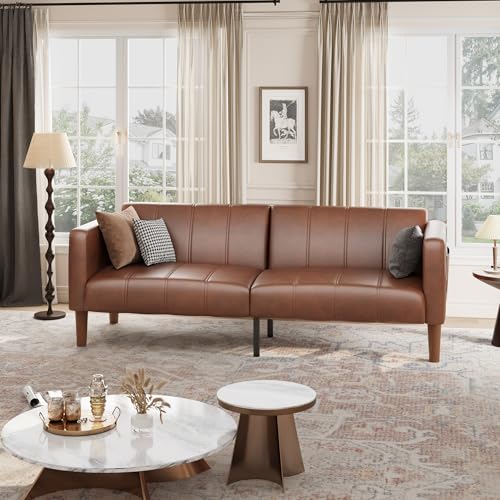 Image of GarveeHome Futon Sofa Bed, 75-Inch Modern Faux Leather Convertible Couch, Mid-Century Loveseat for Small Space, Living Room, Bedroom, Brown