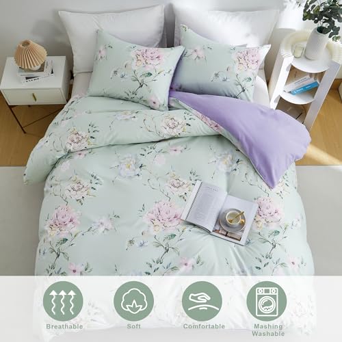 Image of BOLINLIVING Floral Duvet Cover Full Size 3 Pieces, Flower Duvet Cover with 2 Pillow Shams, Soft Floral Bedding Set Sage Green and Purple for All Season, Breathable, Zipper Closure