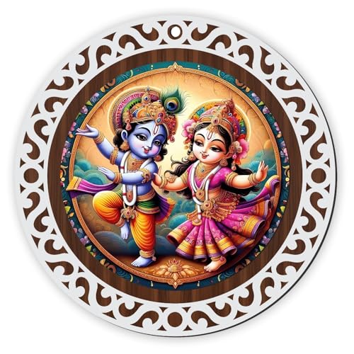 Image of Click n ship 9 Inch Wooden Wall Hanging with UV Print - Radha Krishna Decorative Art - Round MDF Frame for Home & Temple Decor - Vibrant Color Spiritual Wall Decor