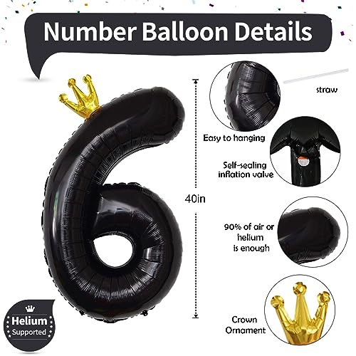 Image of Large Number 6 Balloons, Black 40 Inch Foil Number Balloon for Boys, Crown Self Inflating 0-9 Set Balloons for Girls 6th Birthday Party Decoration Anniversary Party Decorations kids Boys Supplies